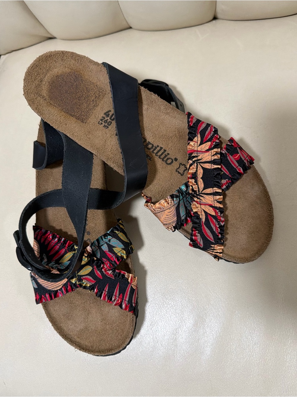 Papillio Black Sandals with Multicolor Floral Ruffle